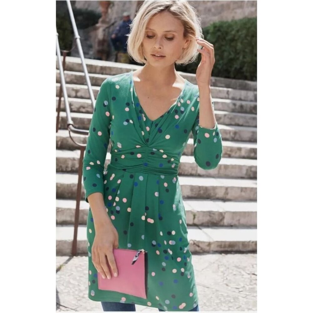 Boden Marion Tunic Dress Womens 6‎ Green Polka Dot Jersey Knit Career Casual